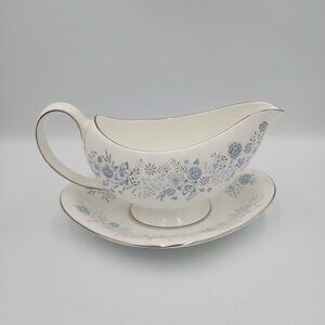 Wedgwood Belle Fleur Bone China Gravy Boat Underplate Silver Trim England Vintag